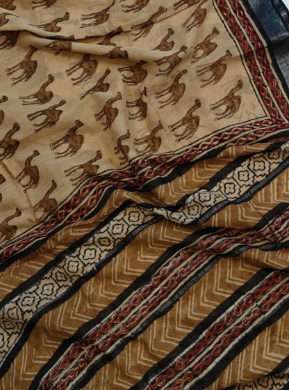 Beige Cotton Linen Saree with Animal Motif & Tribal Border
