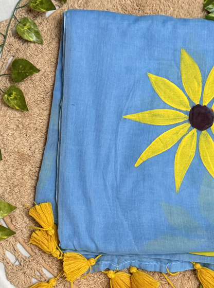 Sky Blue Mul Cotton Saree with Hand-Painted Yellow Floral Design & Contrast Tassels