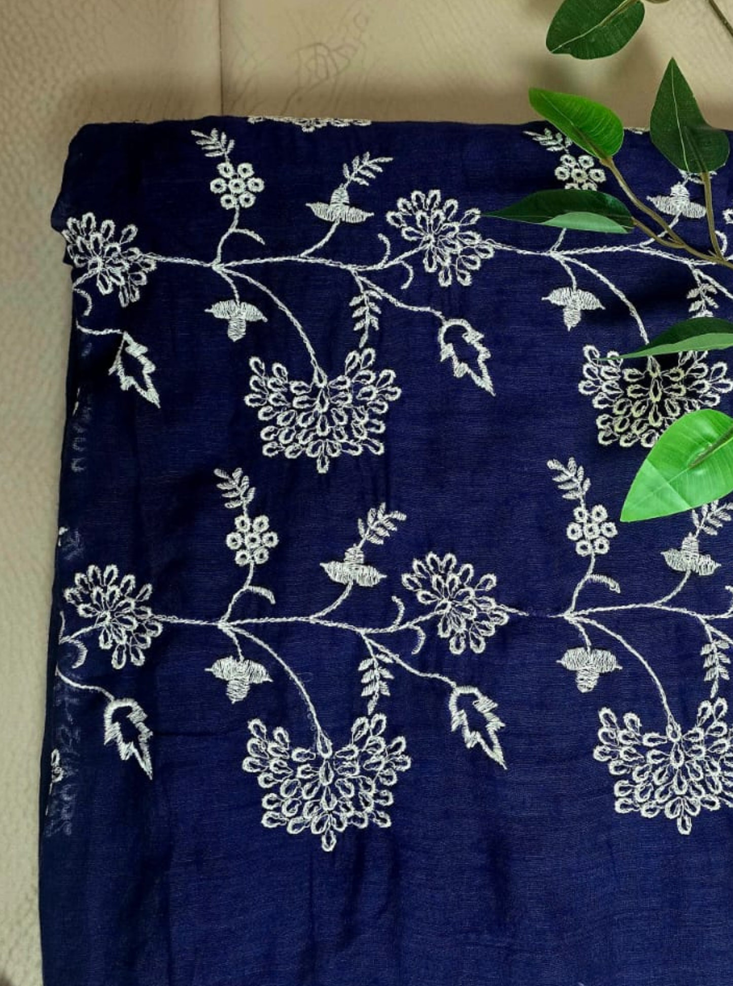 Navy Blue Mul Cotton Saree with White Floral Embroidery & Dual Tassels