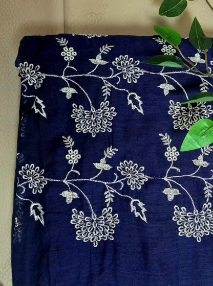 Navy Blue Mul Cotton Saree with White Floral Embroidery & Dual Tassels