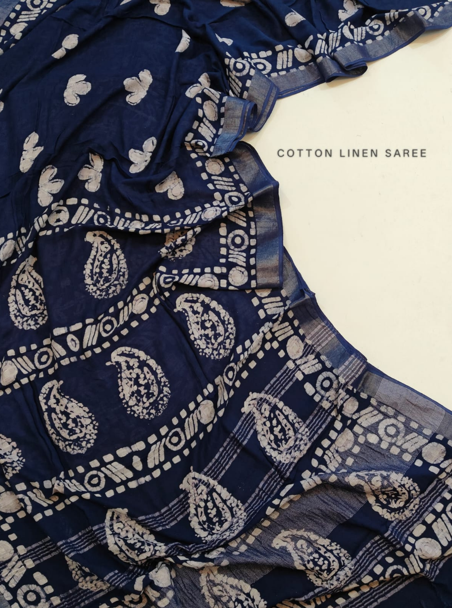 Navy Blue Cotton Linen Saree with Paisley Block Print