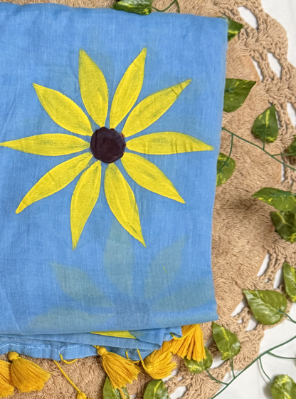 Sky Blue Mul Cotton Saree with Hand-Painted Yellow Floral Design & Contrast Tassels