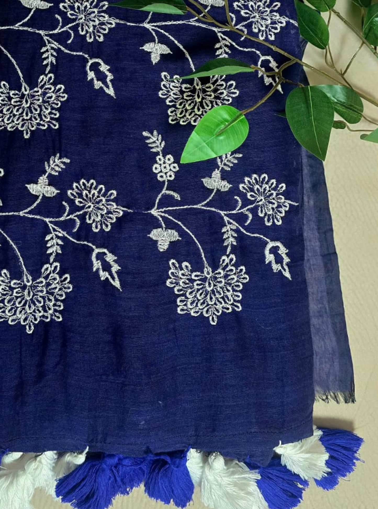 Navy Blue Mul Cotton Saree with White Floral Embroidery & Dual Tassels