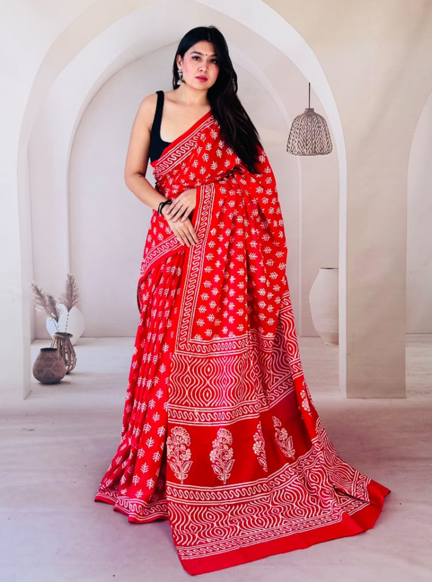 Vibrant Red Cotton Jaipur Bagru Print Saree