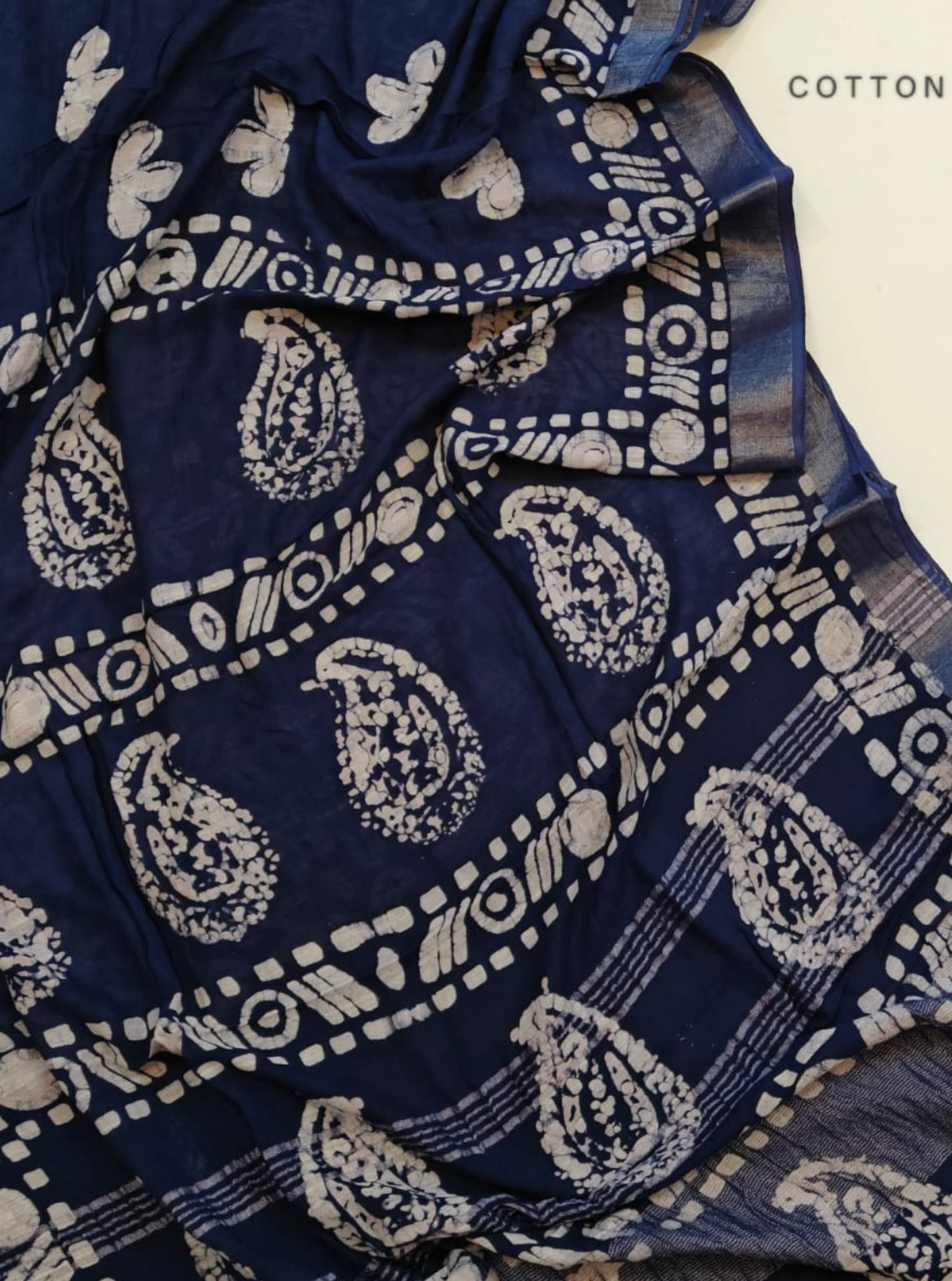 Navy Blue Cotton Linen Saree with Paisley Block Print