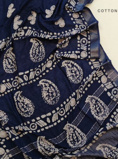 Navy Blue Cotton Linen Saree with Paisley Block Print