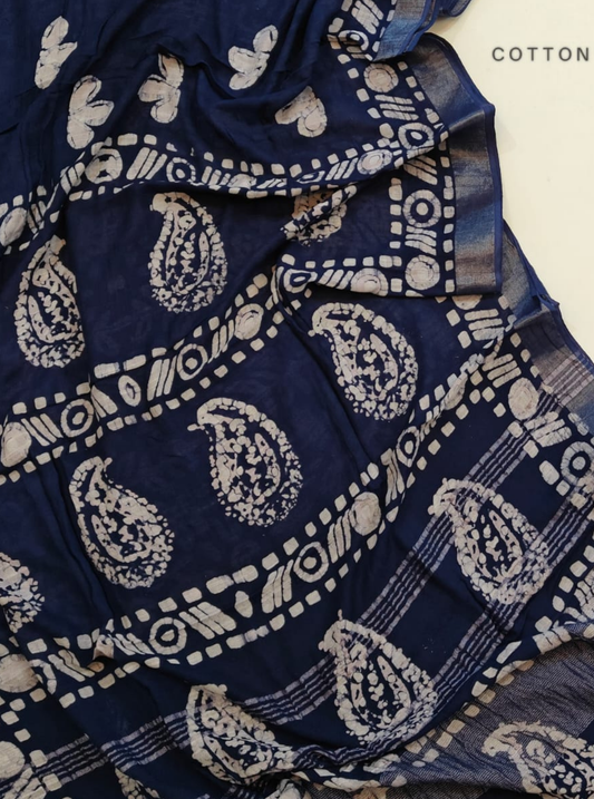 Navy Blue Cotton Linen Saree with Paisley Block Print