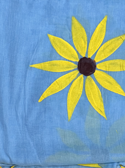Sky Blue Mul Cotton Saree with Hand-Painted Yellow Floral Design & Contrast Tassels