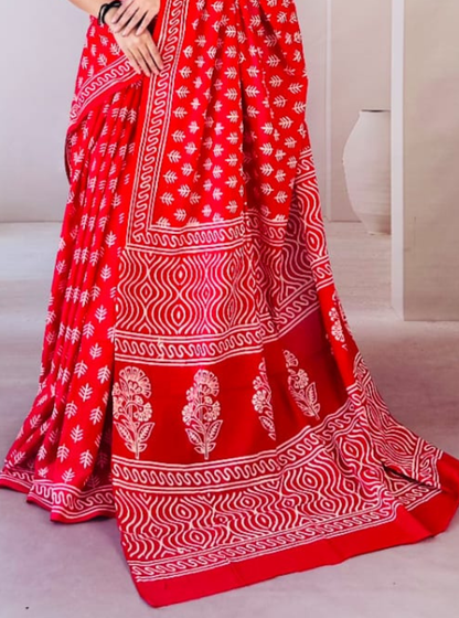 Vibrant Red Cotton Jaipur Bagru Print Saree