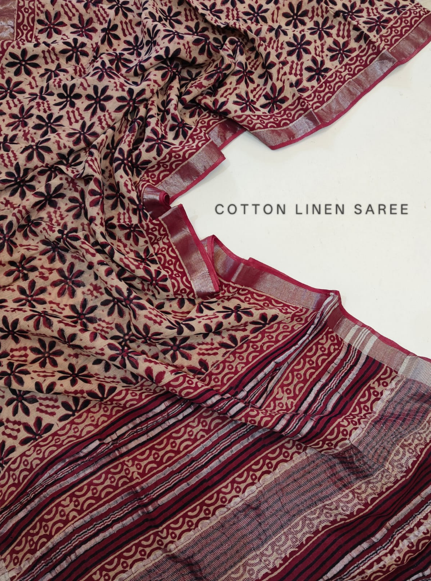Beige & Maroon Cotton Linen Saree with Floral Block Print