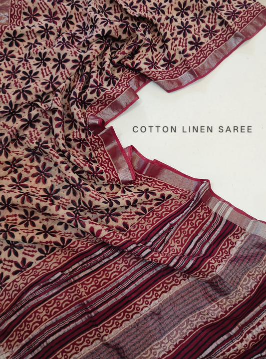 Beige & Maroon Cotton Linen Saree with Floral Block Print
