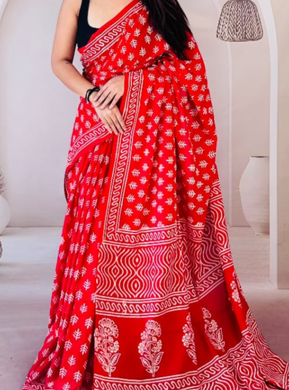 Vibrant Red Cotton Jaipur Bagru Print Saree