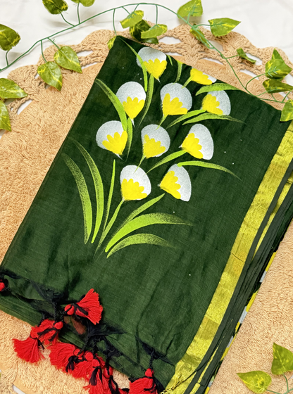 Deep Forest Green Mul Cotton Saree with Hand-Painted Floral Motif & Contrast Tassels