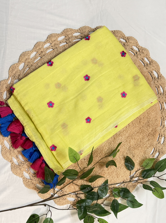 Lemon Yellow Mul Cotton Saree with Floral Motifs & Contrast Tassels