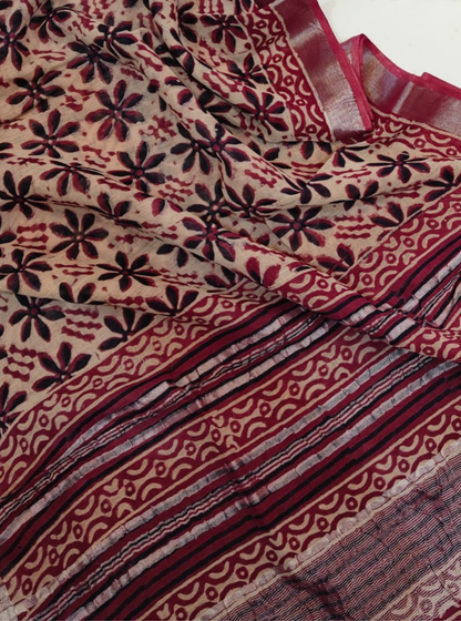 Beige & Maroon Cotton Linen Saree with Floral Block Print