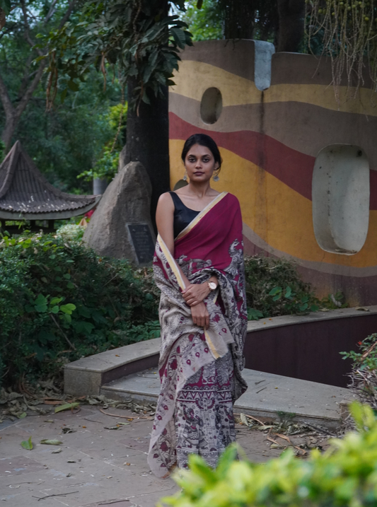 Grey Kota cotton Kalamkari Saree with Floral Art