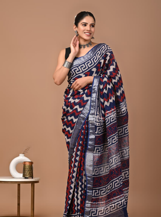 Navy Blue Linen Cotton Saree with Ikat-Inspired Design