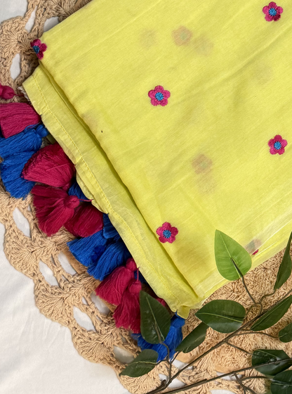 Lemon Yellow Mul Cotton Saree with Floral Motifs & Contrast Tassels