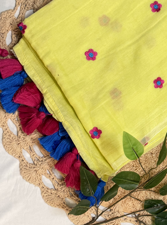 Lemon Yellow Mul Cotton Saree with Floral Motifs & Contrast Tassels