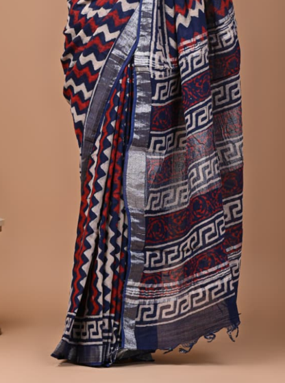 Navy Blue Linen Cotton Saree with Ikat-Inspired Design