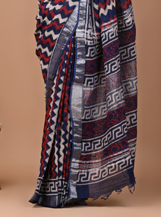 Navy Blue Linen Cotton Saree with Ikat-Inspired Design