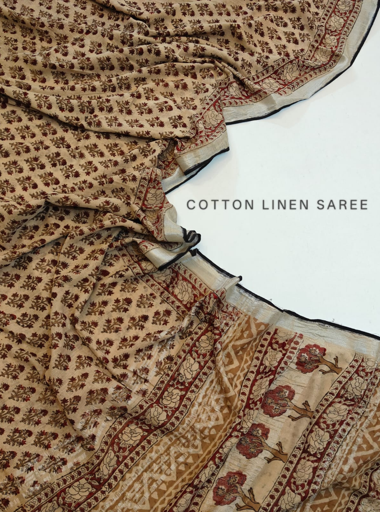 Beige Cotton Linen Saree with Traditional Floral & Tree Border