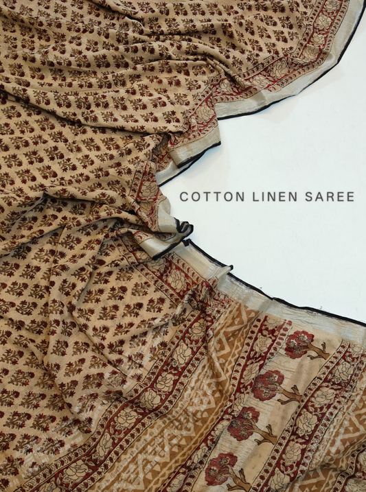 Beige Cotton Linen Saree with Traditional Floral & Tree Border