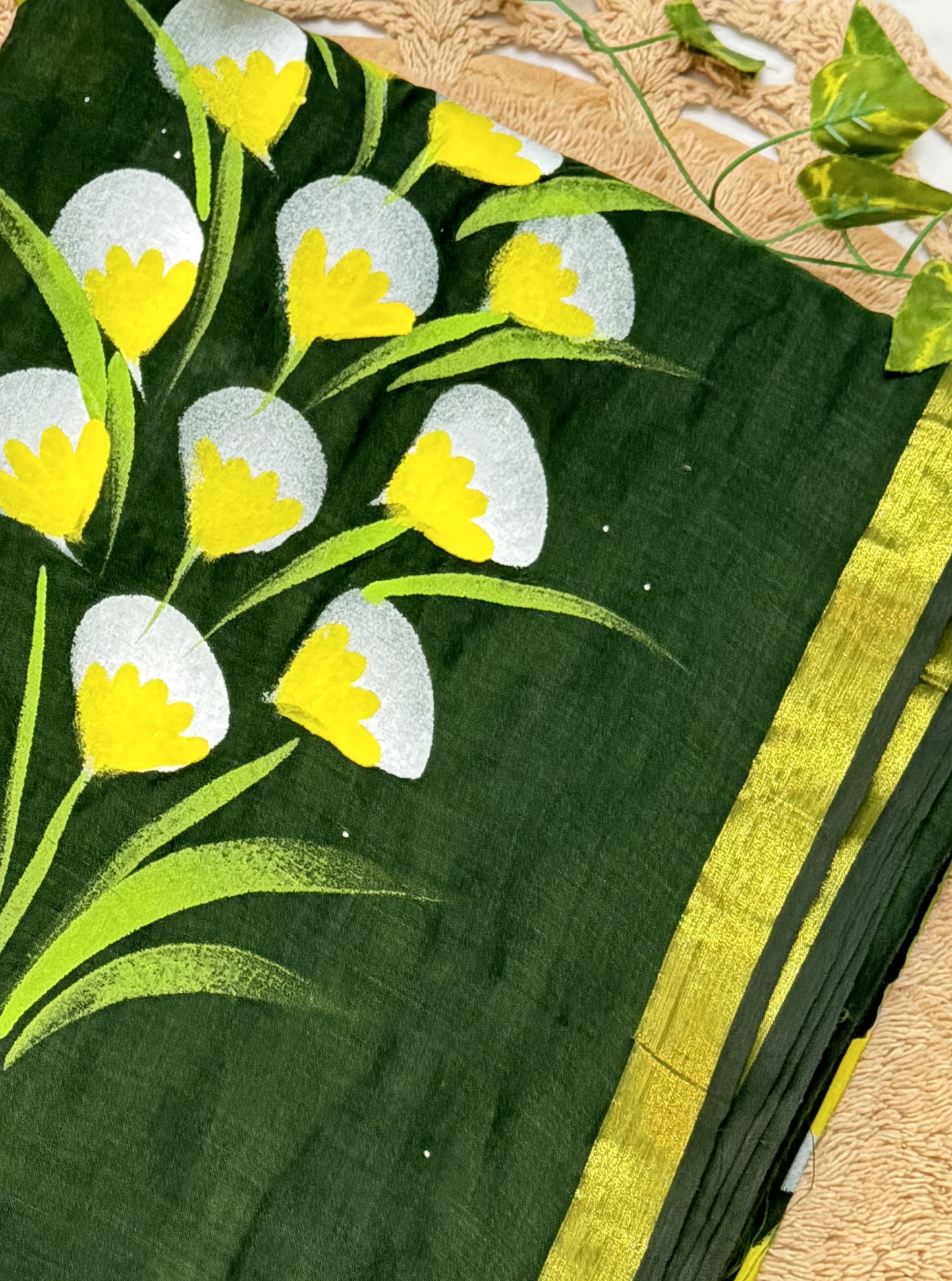 Deep Forest Green Mul Cotton Saree with Hand-Painted Floral Motif & Contrast Tassels