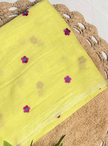 Lemon Yellow Mul Cotton Saree with Floral Motifs & Contrast Tassels