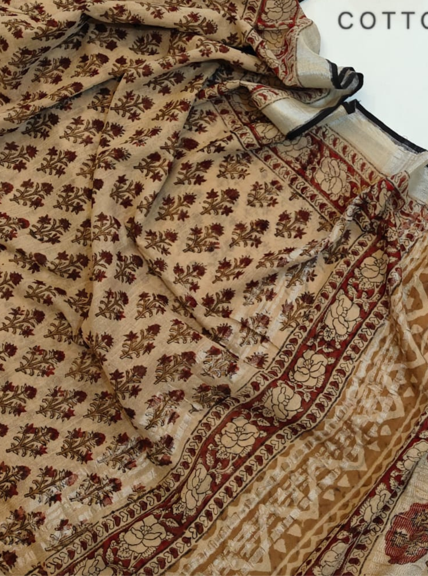 Beige Cotton Linen Saree with Traditional Floral & Tree Border