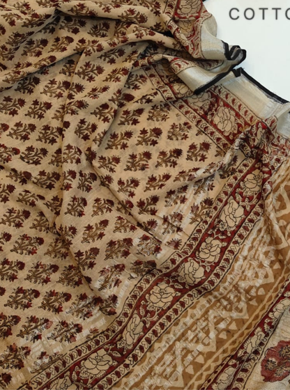 Beige Cotton Linen Saree with Traditional Floral & Tree Border