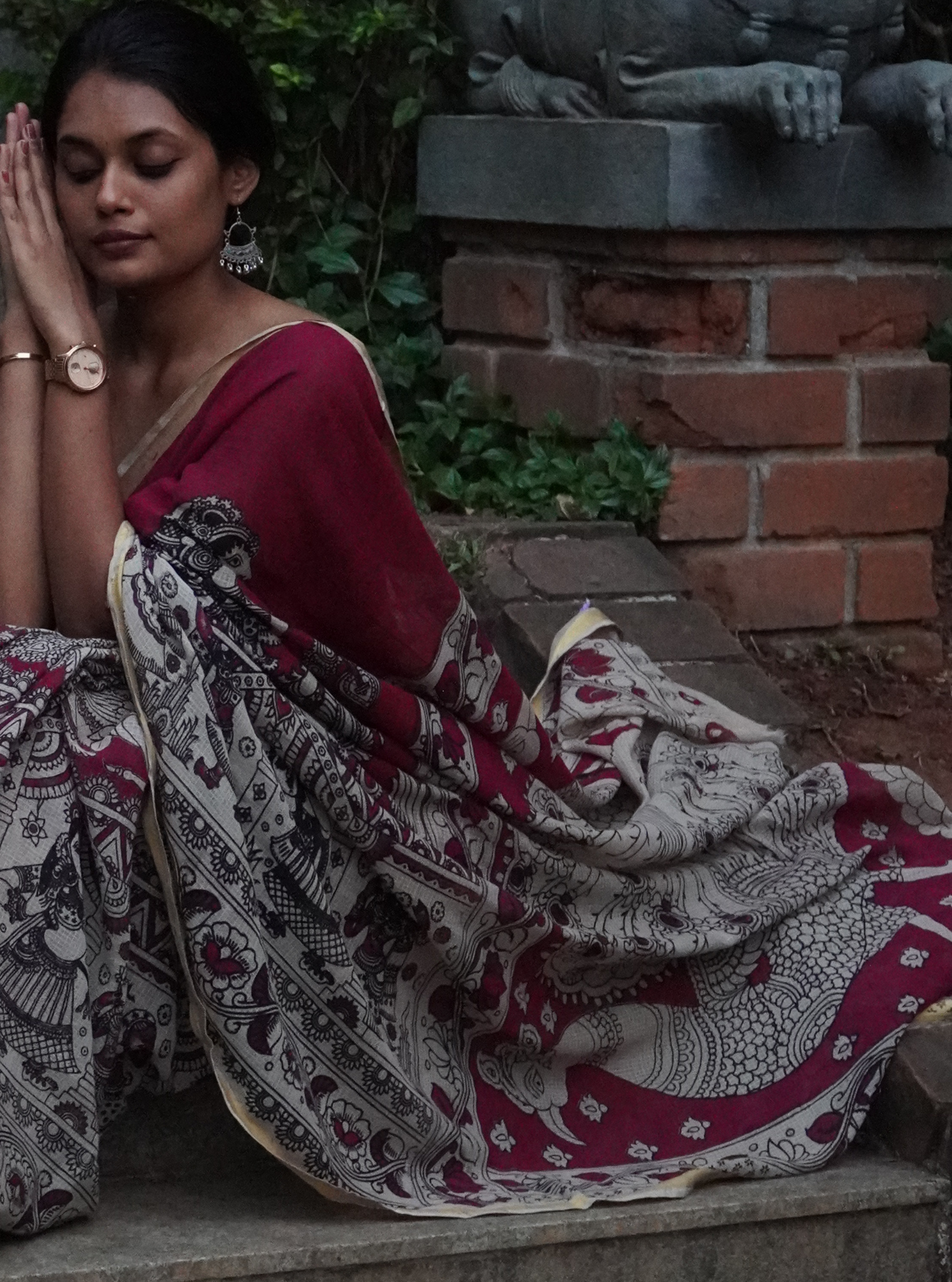 Grey Kota cotton Kalamkari Saree with Floral Art