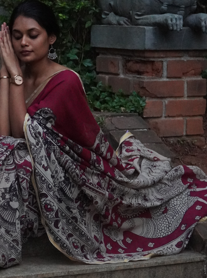 Grey Kota cotton Kalamkari Saree with Floral Art