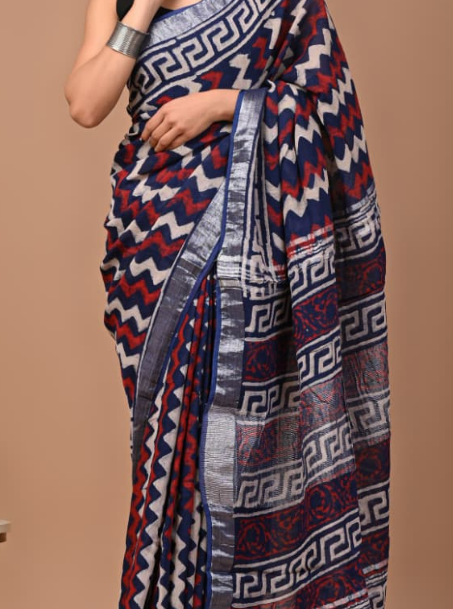 Navy Blue Linen Cotton Saree with Ikat-Inspired Design