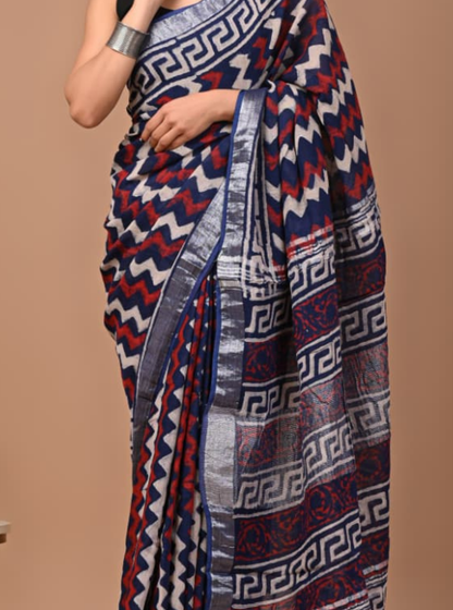 Navy Blue Linen Cotton Saree with Ikat-Inspired Design