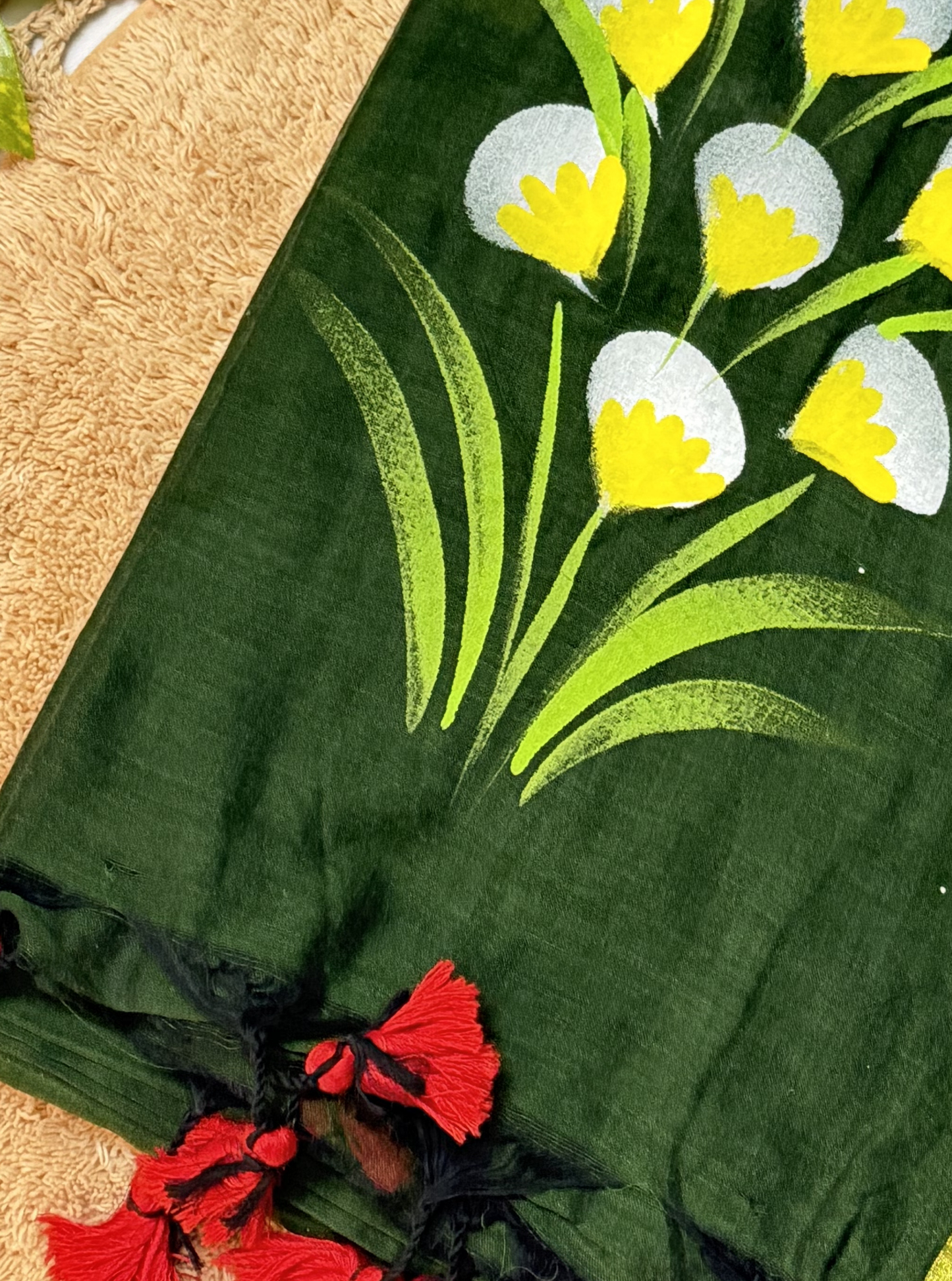 Deep Forest Green Mul Cotton Saree with Hand-Painted Floral Motif & Contrast Tassels