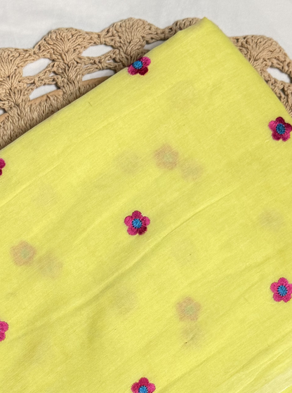 Lemon Yellow Mul Cotton Saree with Floral Motifs & Contrast Tassels