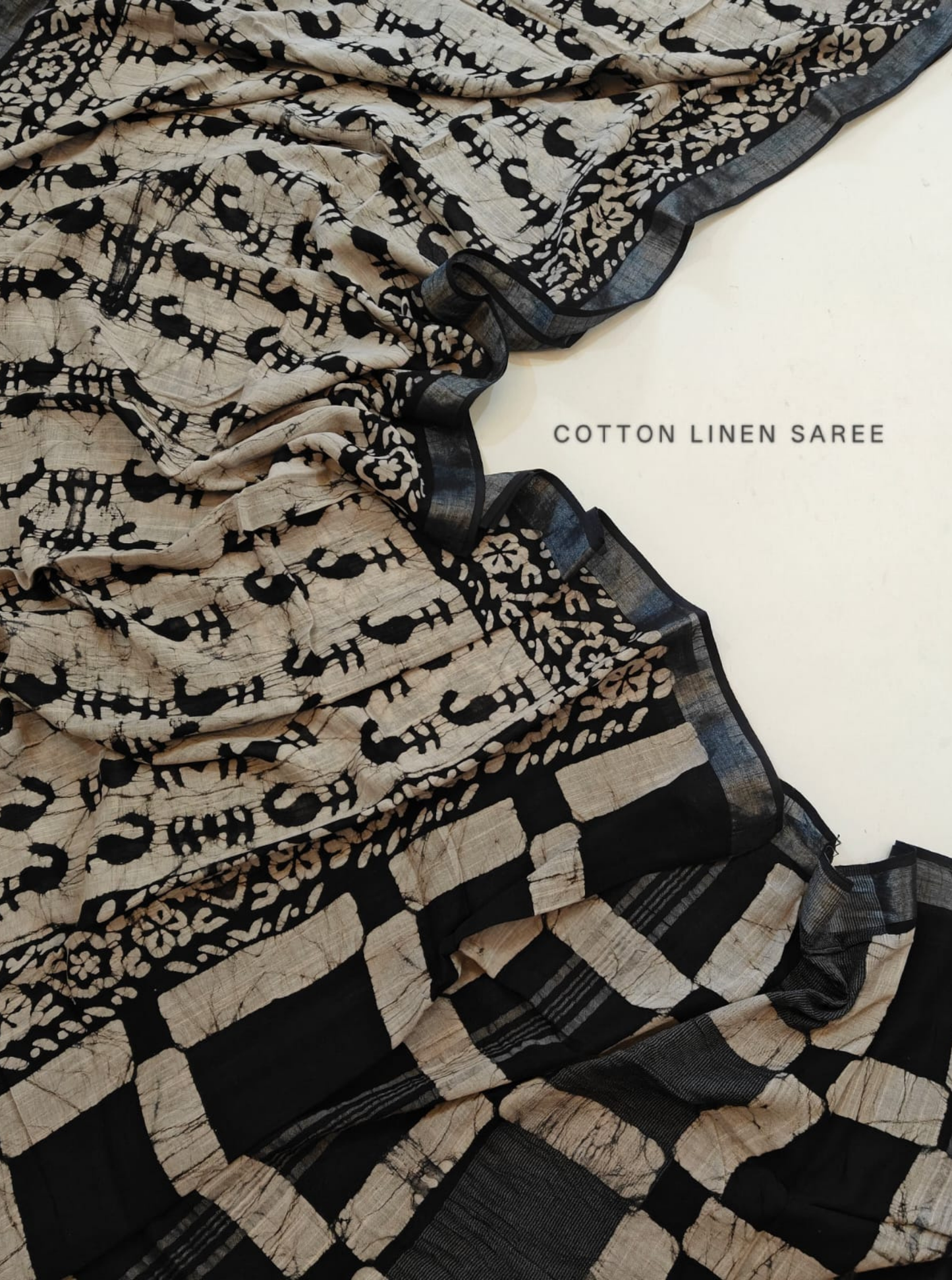 Beige & Black Cotton Linen Saree with Tribal Animal Motifs