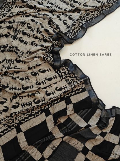 Beige & Black Cotton Linen Saree with Tribal Animal Motifs