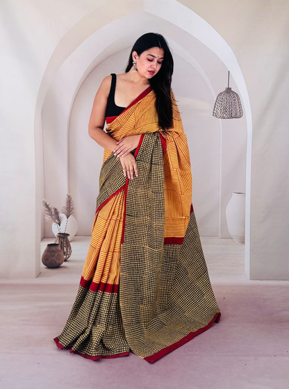 Mustard & Black Cotton Jaipur Bagru Print Saree