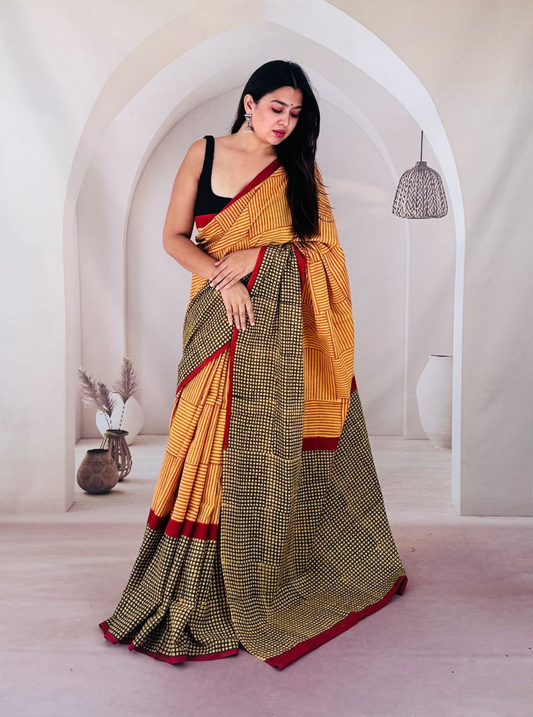 Mustard & Black Cotton Jaipur Bagru Print Saree