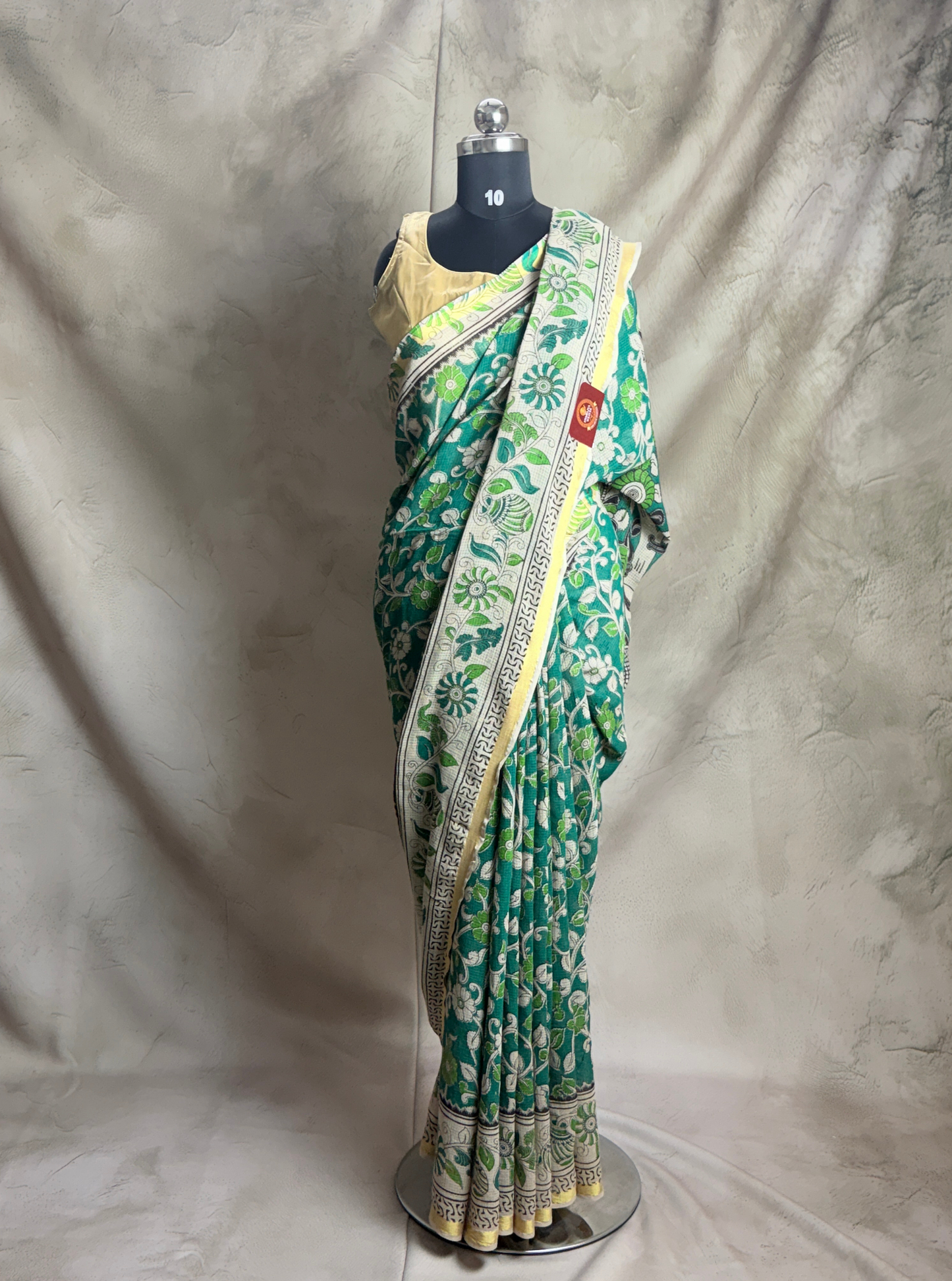Emerald Green Kota Cotton Saree with Floral Vine Motifs & Ivory Border