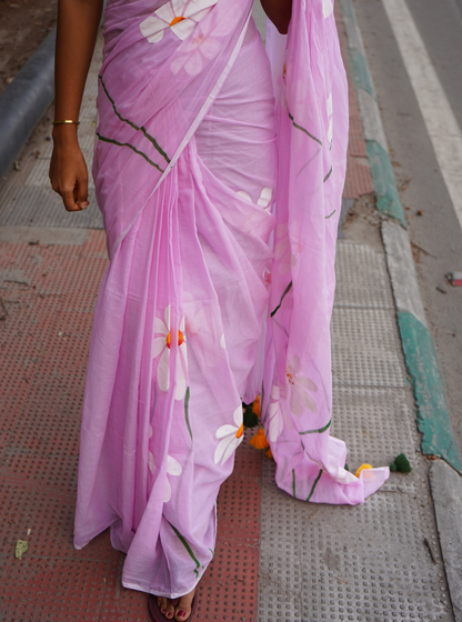 Pastel Pink Hand-Painted Mul Cotton Saree with Floral Art