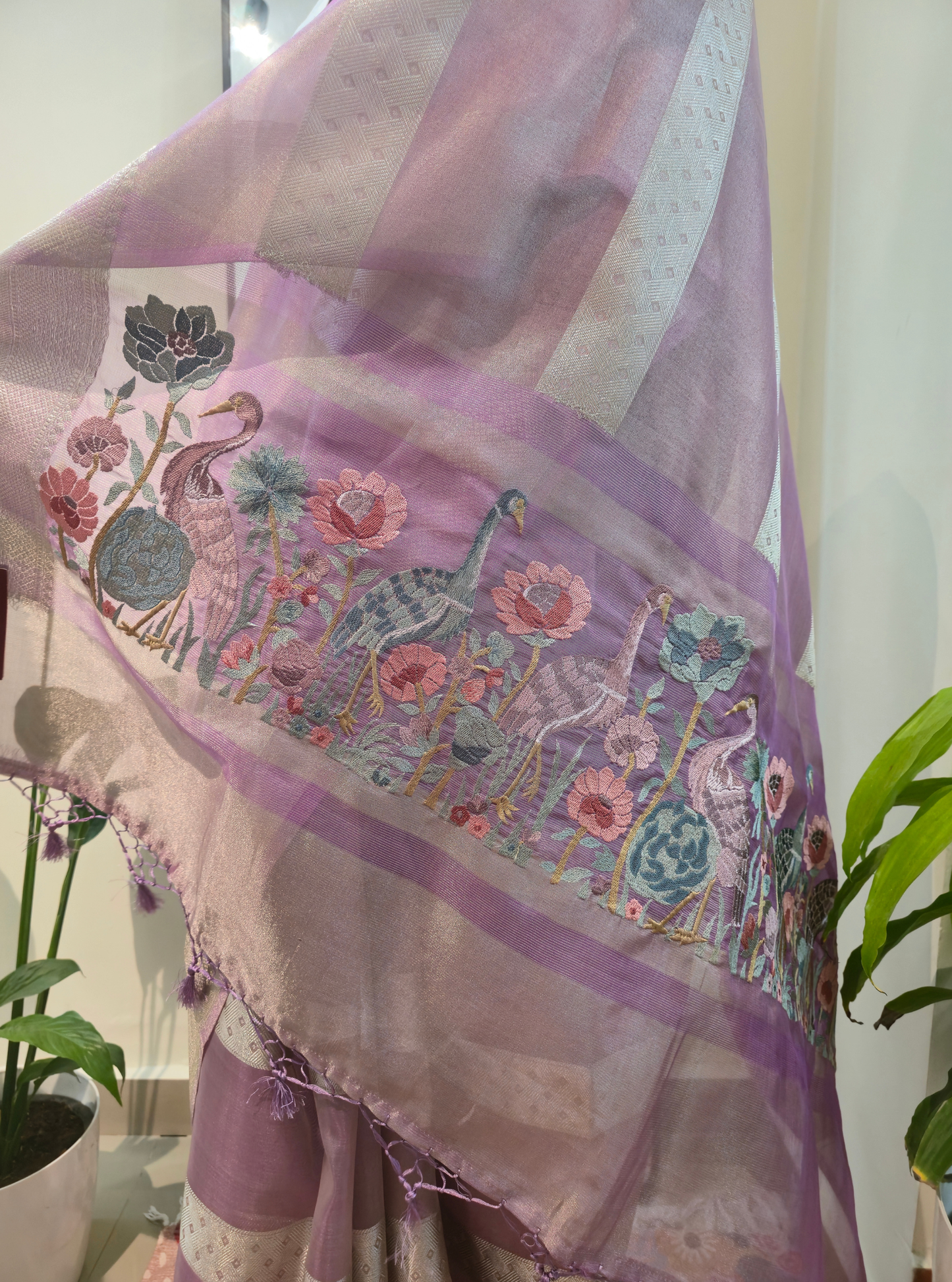 Pastel Pink Tissue Kora Silk Saree with Elegant Zari Border