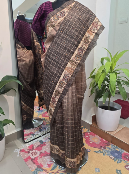 Brown Tussar Saree with Kantha Work & Floral Border Design