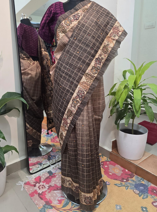 Brown Tussar Saree with Kantha Work & Floral Border Design