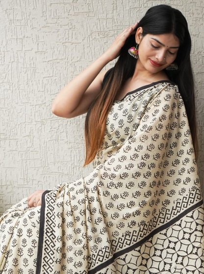 Elegant Beige Cotton Saree with Minimal Motifs & Geometric Printed Border