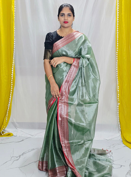 Sage Green Tissue Cotton Saree with Rose Gold Border & Subtle Sheen