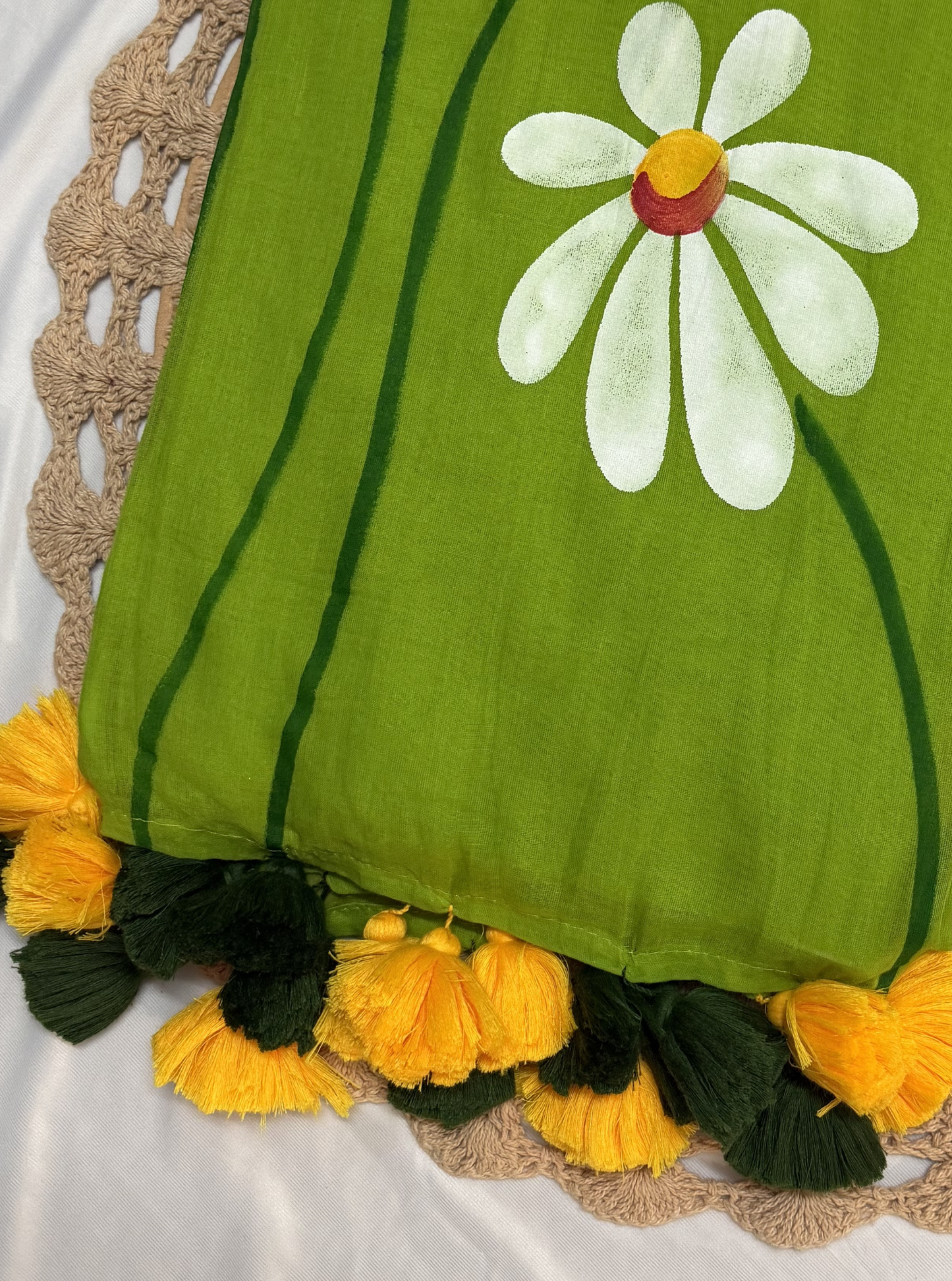 Fresh Light Green Hand-Painted Mul Cotton Saree with Floral Design & Tassels