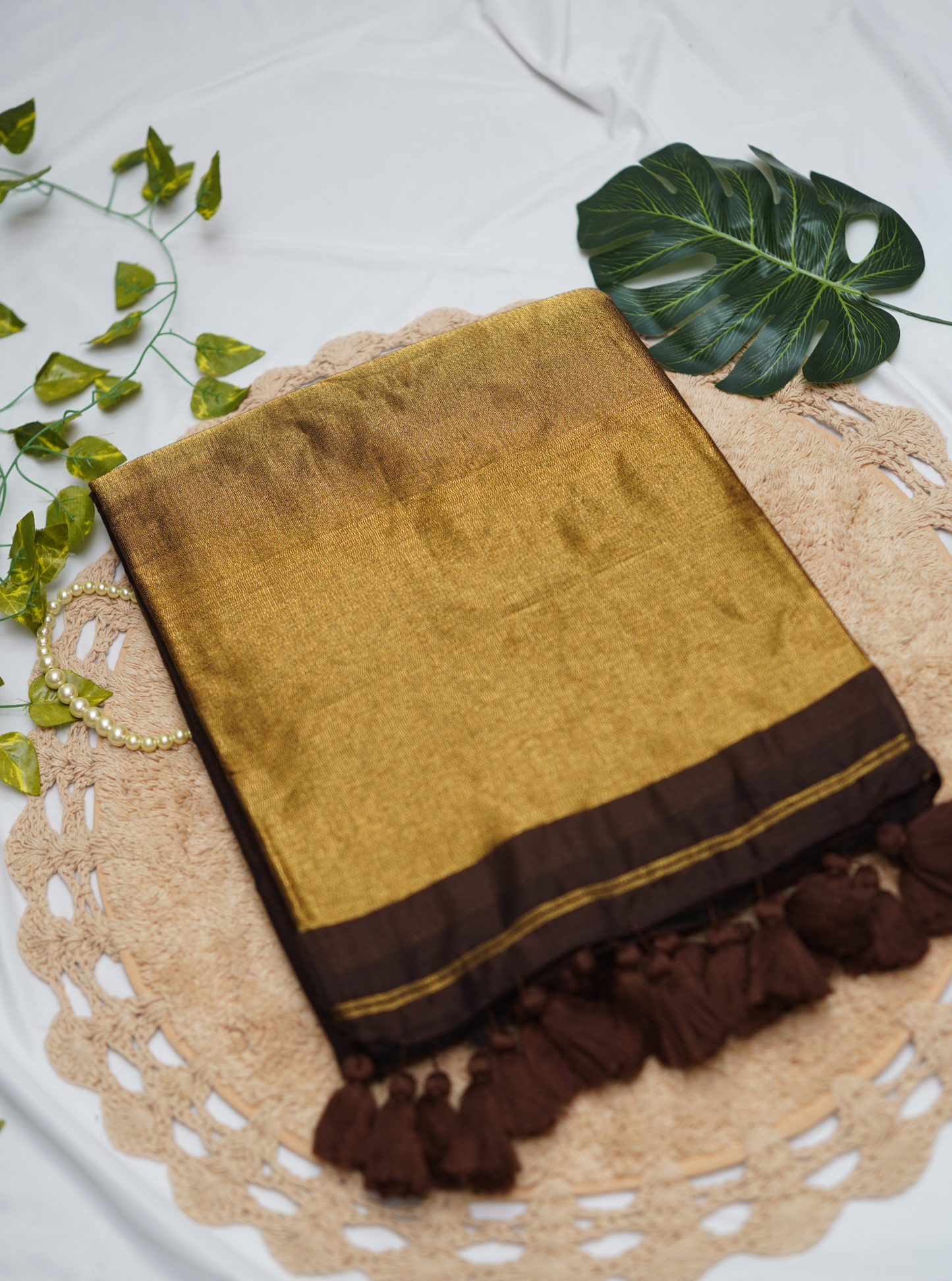 Chocolate Brown Mul Cotton Saree with Rich Gold Pallu & Tassels
